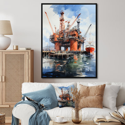 Lissner " Blue Oil Rigs Fields Offshore " Mixed Media Print