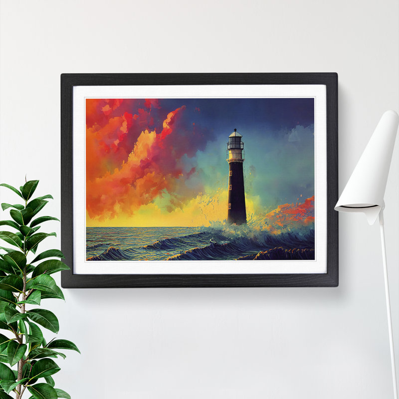 Sculptured Lighthouse - Single Picture Frame Painting, Black , 46cm H x 64cm W x 2cm D