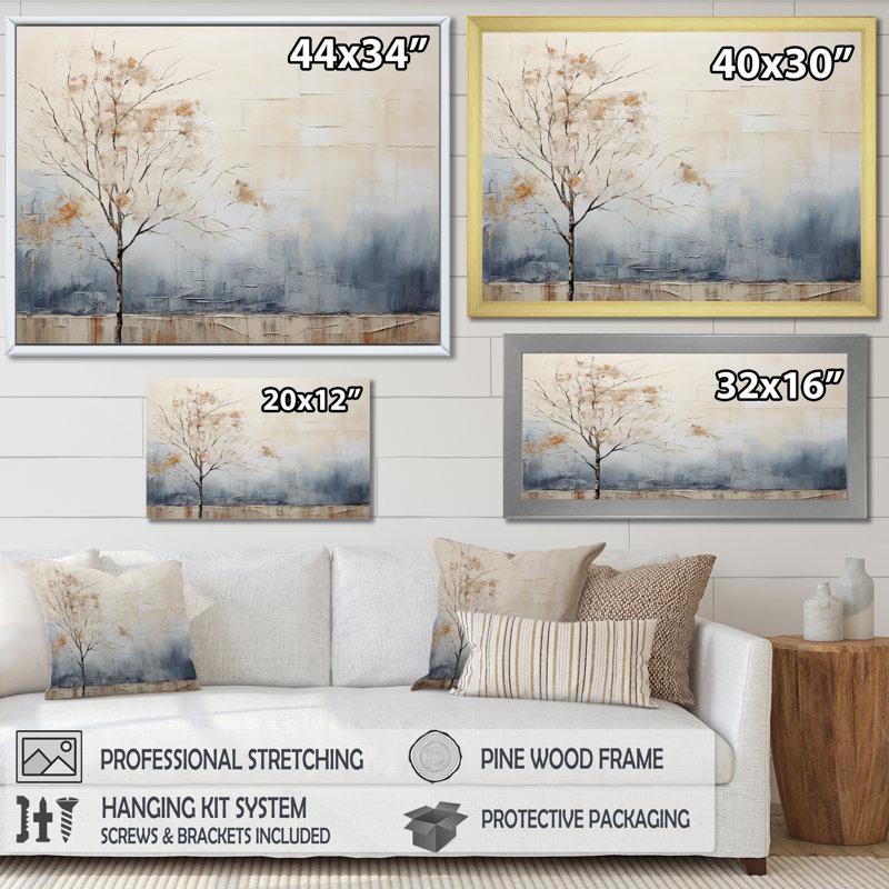Minimalisme beige et bleu campagne I - impressions sur toile campagne, Cadre flottant noir, H 34 po x l 44 po