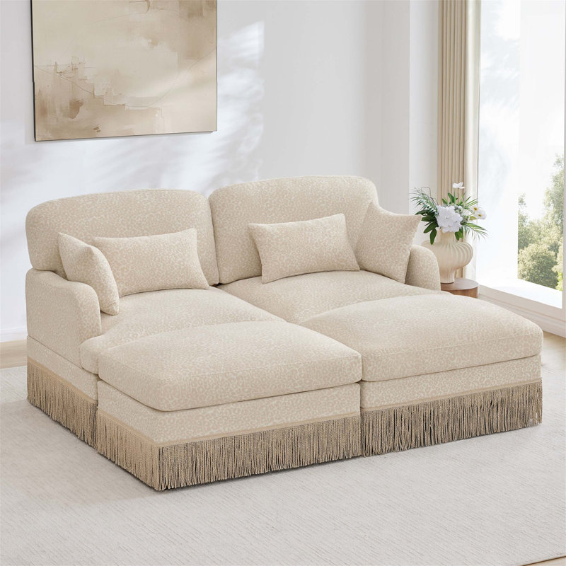 Chenille Leopard-Print Loveseat Sofa With Tassel Trim, Ergonomic Deep Seat, Modular Ottomans, And Effortless Assembly For Modern Living Spaces.