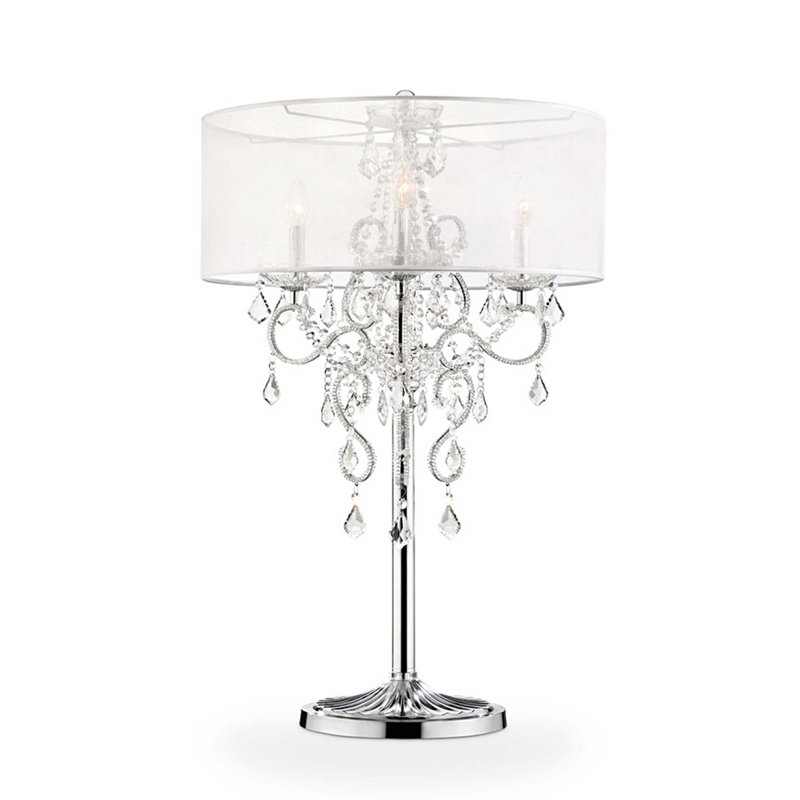 Grande lampe de table 35 "Evangelia", finition argentée et accents de cristal, abat-jour transparent