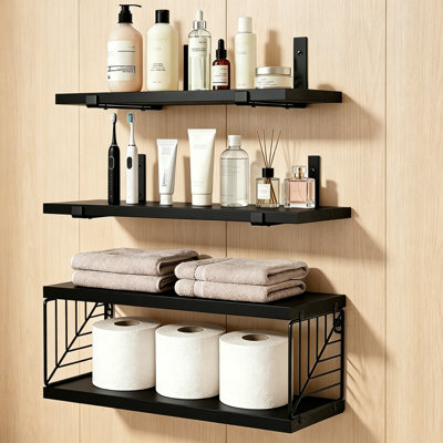Rustic Black Wooden Floating Wall Shelves, Wall Mounted Display Shelving for Pictures & Small Trinkets, Multi-Room Storage Organiser for Bathroom, Kitchen, Bedroom, Living Room & Office Wall Décor