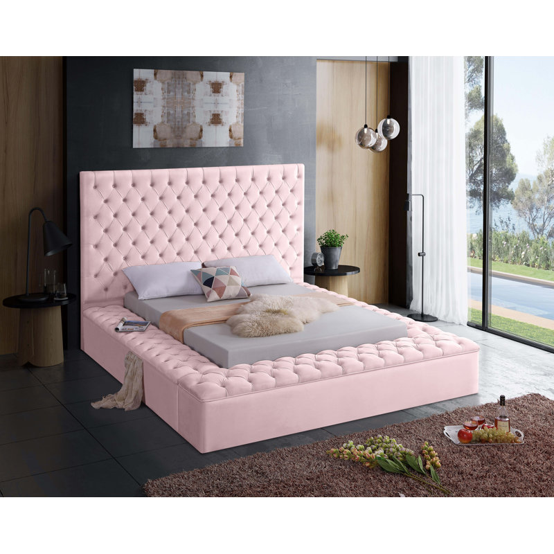 Lit plateforme tapissier avec rangement Johnnay, Grand, Velours rose