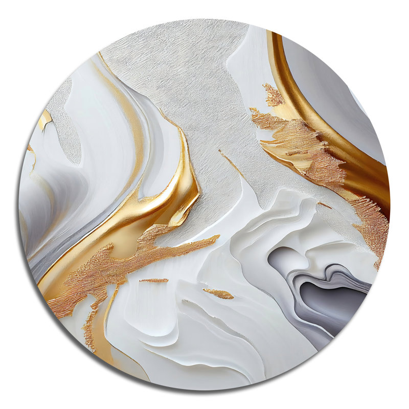 Hurd blanc et marbre doré abstrait I - Art abstrait rond en métal, H 29 po x l 29 po