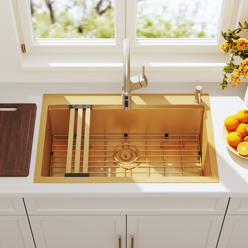 Blenzia 33 Inch Gold Workstation Drop In Kitchen Sink 33x22 Topmount 16 Gauge Stainless Steel Single Bowl Deep Sinks with Accessories 33" x 22" x 9"