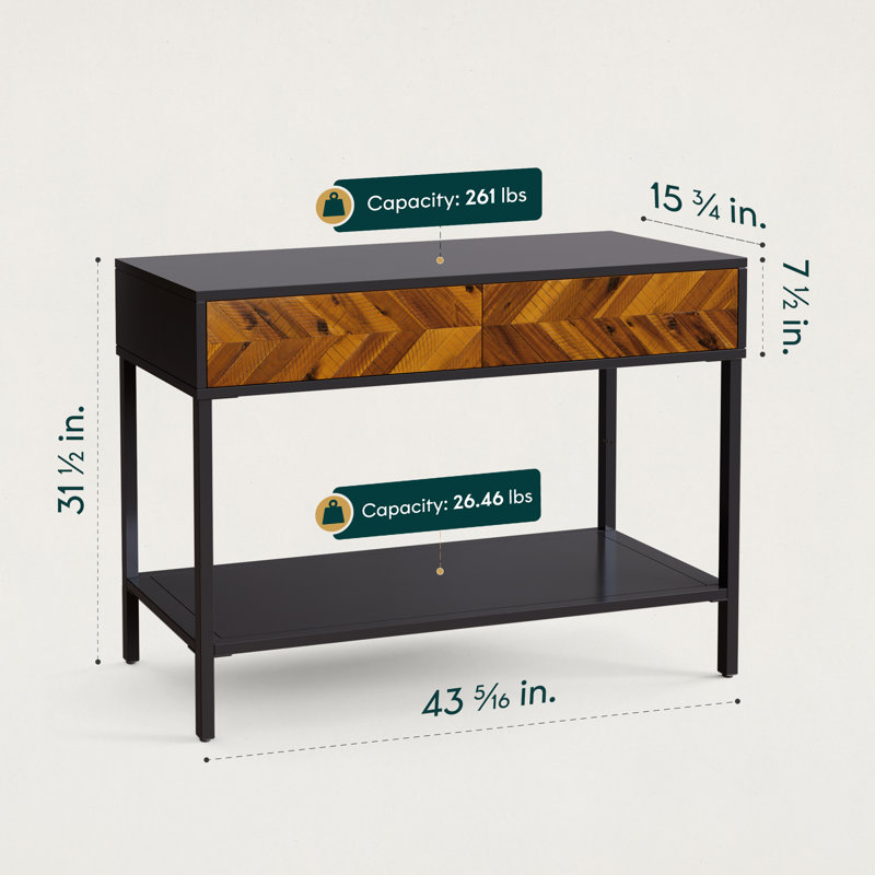 Vivian Console Table 2 Drawers – Rustic Golden Brown with Herringbone Wood Front & Iron Legs