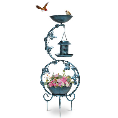 378 Inch Blue Bird Bath With Solar Bird Feeders And Planter