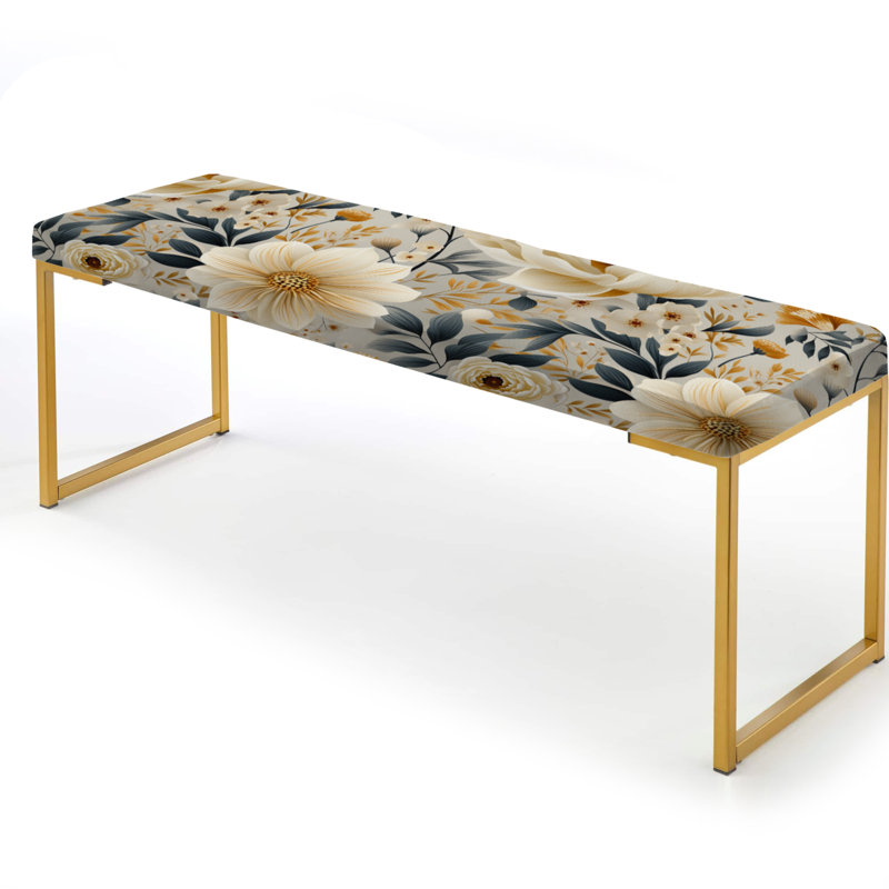 Floral Upholstered Gold Bench, Neutrals Beige Flowers Boho Pattern