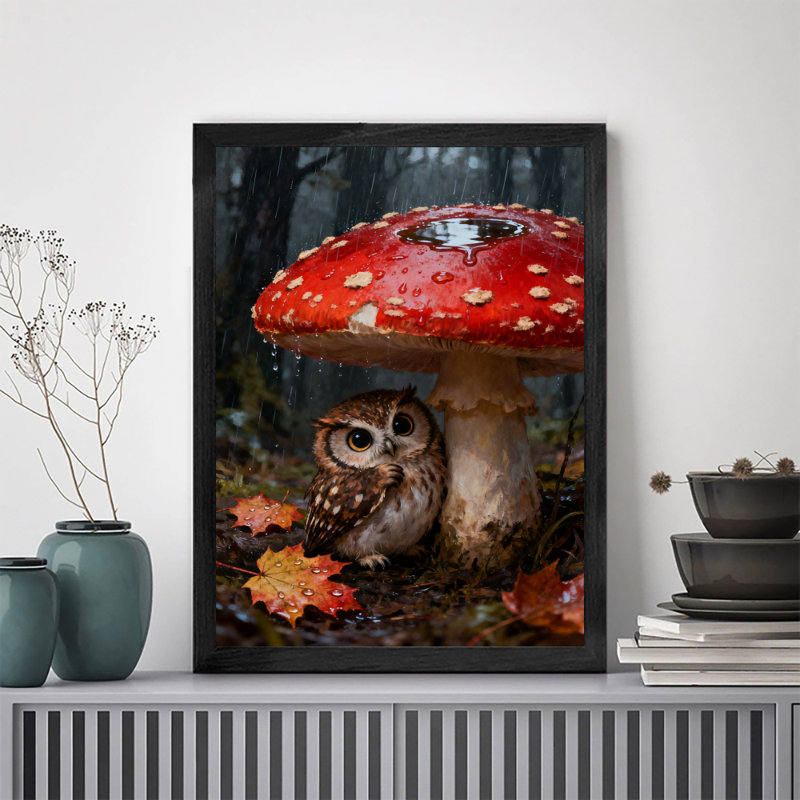 Art encadré noir Un hibou mignon se cachant sous la pluie sous des champignons rouges, impressions sur toile de style rétro