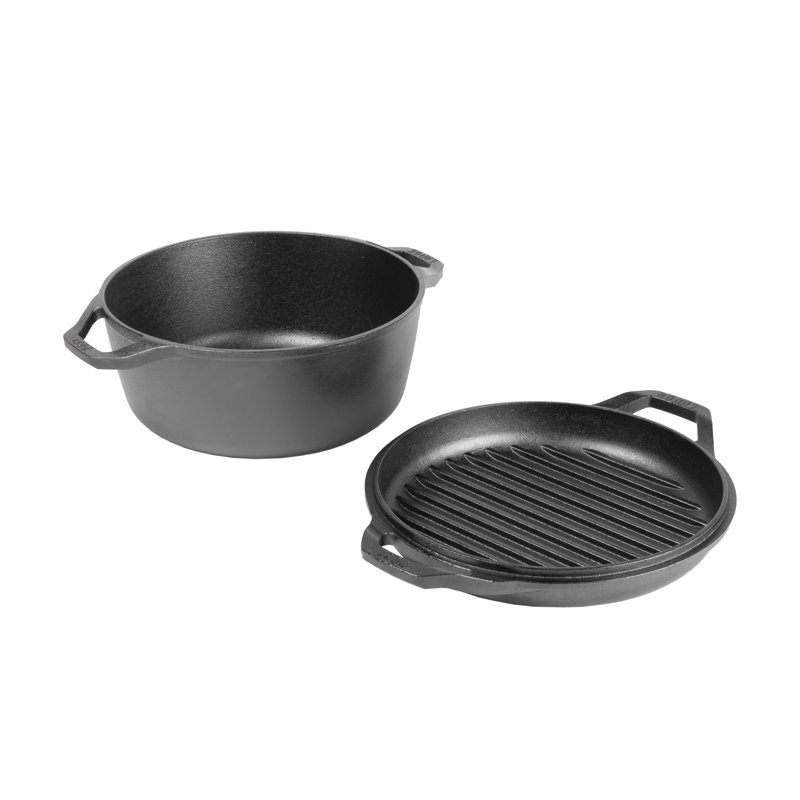 Black Cast Iron Non-stick Double Dutch Oven with Grill Pan Lid