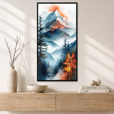 Bleu, bleu, bleu, orange, sommet d'une montagne, brume, crête I - art mural encadré, impressions sur toile Moody