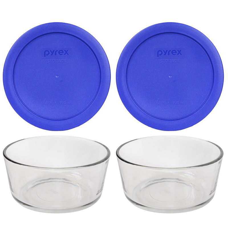 Pyrex (2) bols en verre 4 tasses et (2) couvercles en PC, Bleu cadet