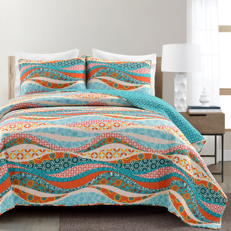 Ensemble de courtepointe réversible standard en coton 3 pièces, Complet