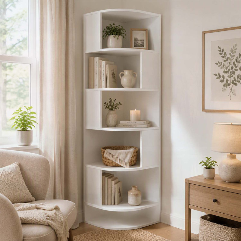 Bibliothèque d'angle moderne à 6 niveaux avec chicane, solution de rangement compacte et élégante pour toute pièce, Blanc