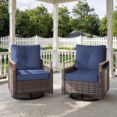 Melvarn Outdoor Patio Wicker Swivel Chair Set Of 2 With Cushions And Wood-look Finish