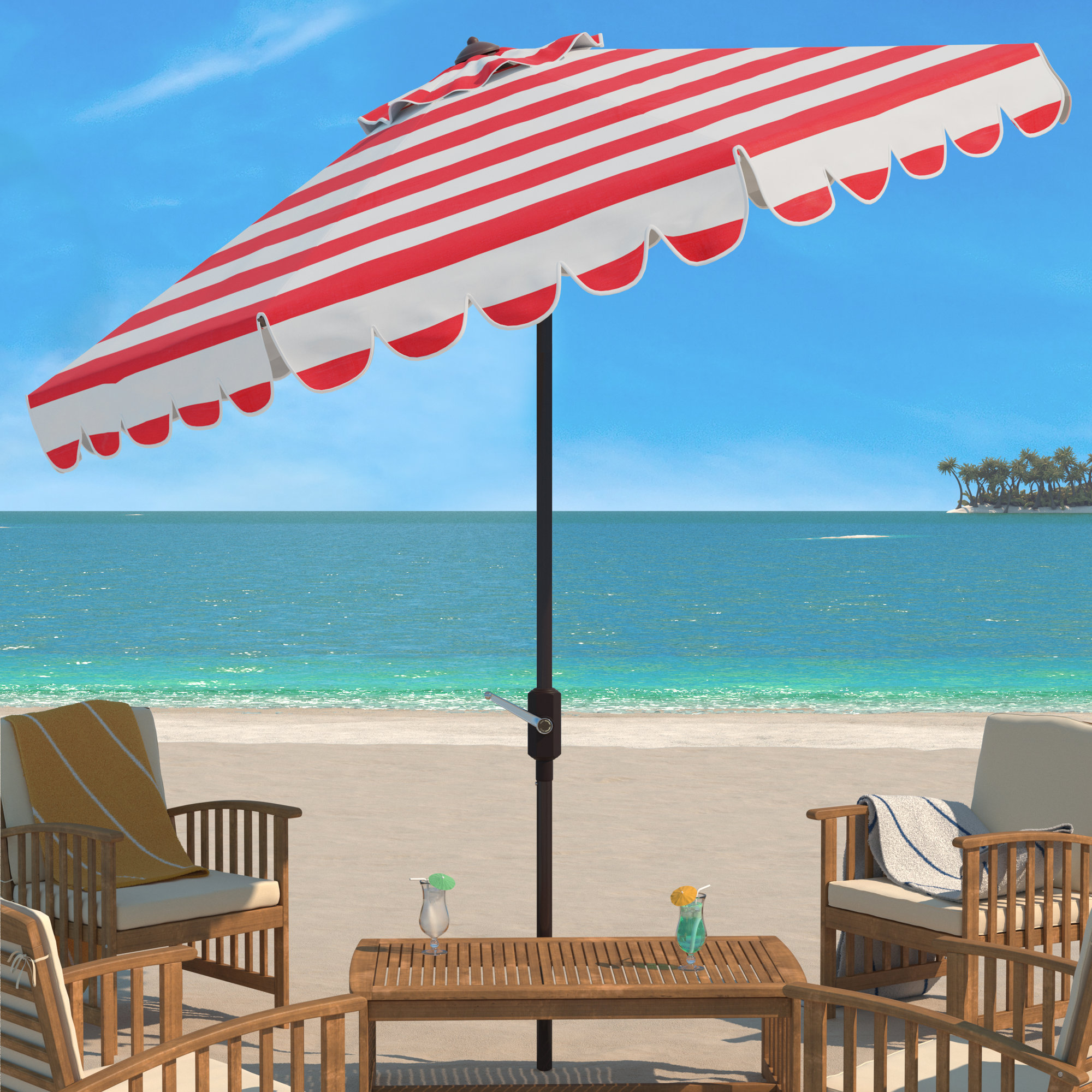 Natalee 108" Scalloped Tilt Top Market Umbrella, Red/White