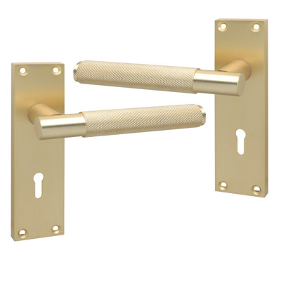 Golden Grace Victorian T-Bar Knurled Lock Door Handle Set Satin Brushed Brass Finish with 2.5" 3 Lever Lock - 150 x 40mm