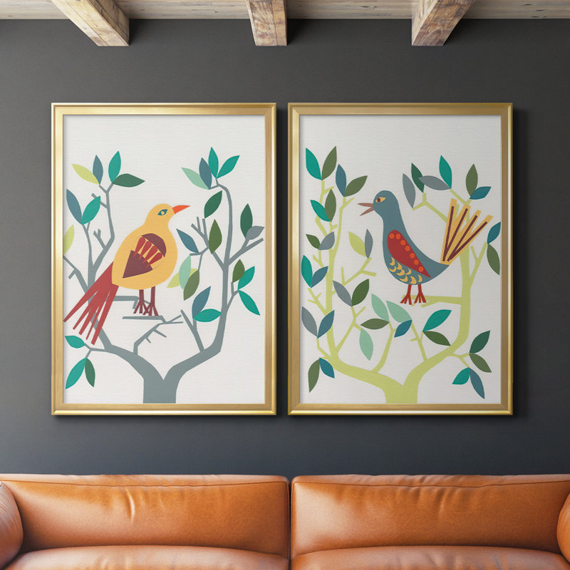 Toile encadrée de qualité supérieure Whitty Bird III - prête à être accrochée, Or, H 41,25 po x l 61 po x P 1,25 po