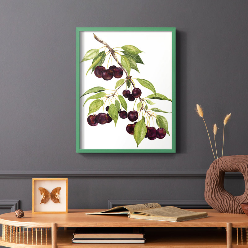 Watercolor Cherries, reproduction encadrée - bois massif, Vert, H 10 po x l 8 po