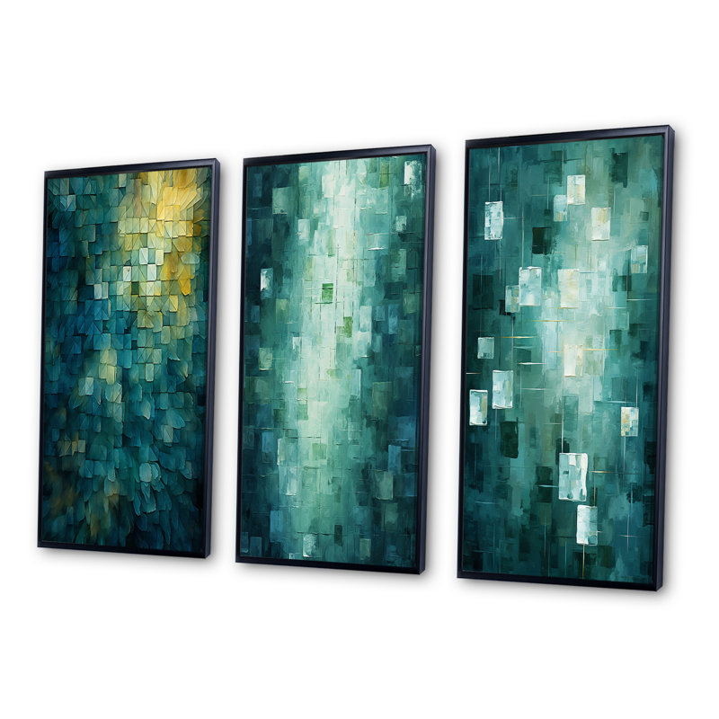 California Sunshine Retro Abstract Turquoise - Abstract Painting Art Set Of 3 Pieces, H 20 po x l 36 po, Cadre flottant noir