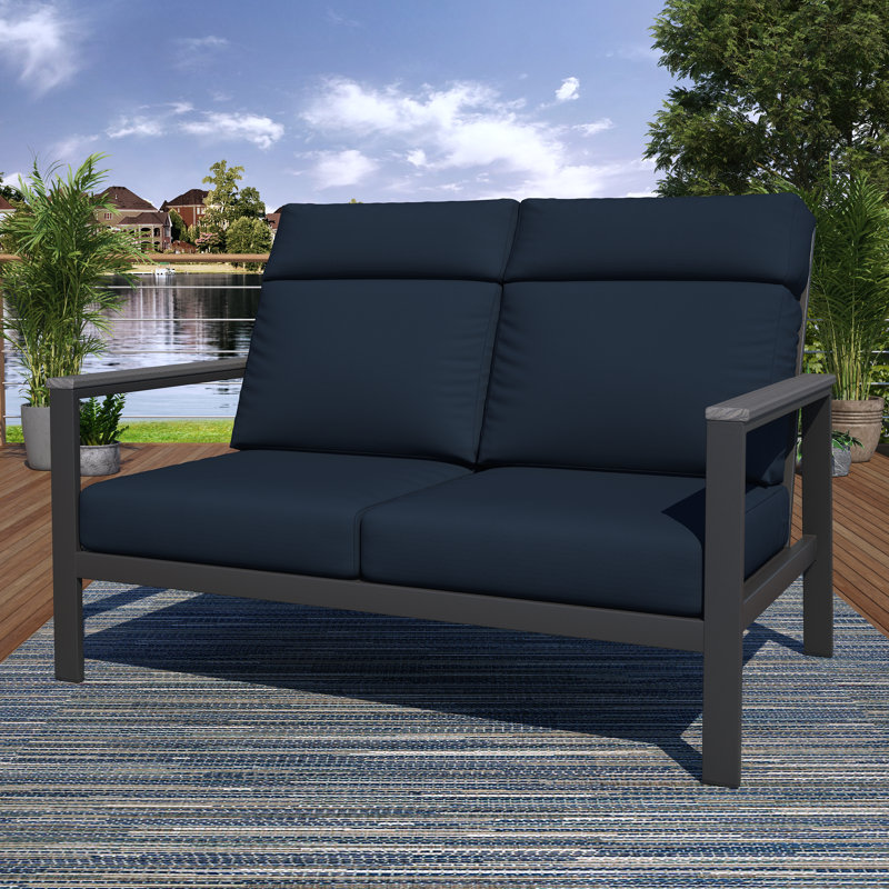 Townsend Metal Outdoor Loveseat With Sunbrella Cushion, Canvas Navy, Brown, Yes