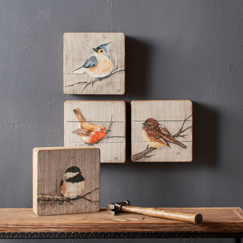 Rustic Wood Bird Plaque (Set of 4)