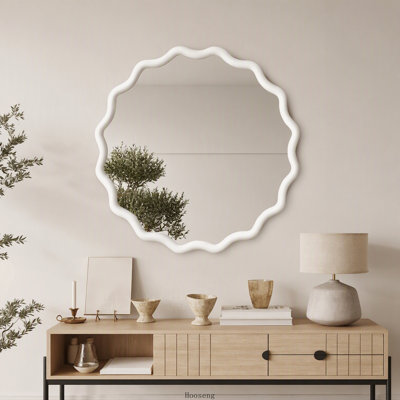 36" Wavy‑Round Solid‑Wood‑Frame Decorative Wall Mirror, White Finish, for Bedroom, Bathroom, Living Room & Entryway