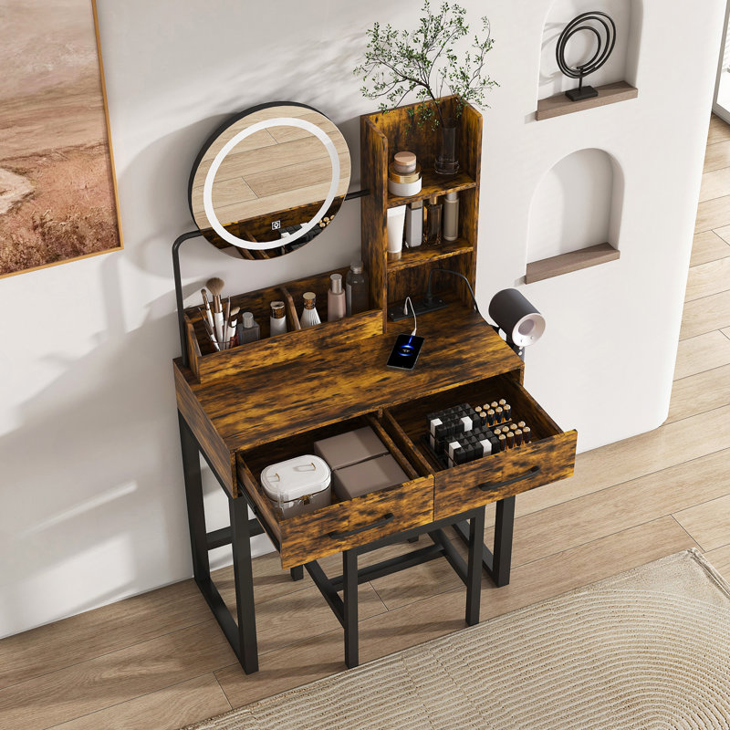Makeup Vanity With LED Lights&3 Color And Power Outlet Makeup Vanity Table With 2 Big Drawers With Sturdy Metal Leg And Metal Chair Dressing Table For Bedroom Dressing Room