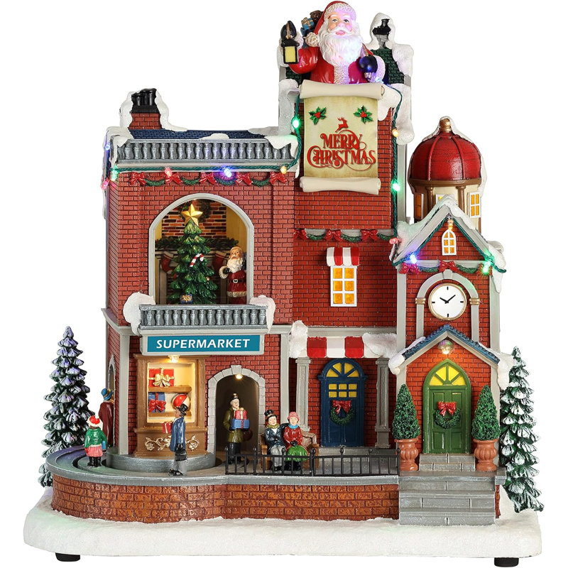 12 "H Animated Village Commerces (Arbre en mouvement et personnes) - DEL, 8 musique, adaptateur - Résine peinte à la main