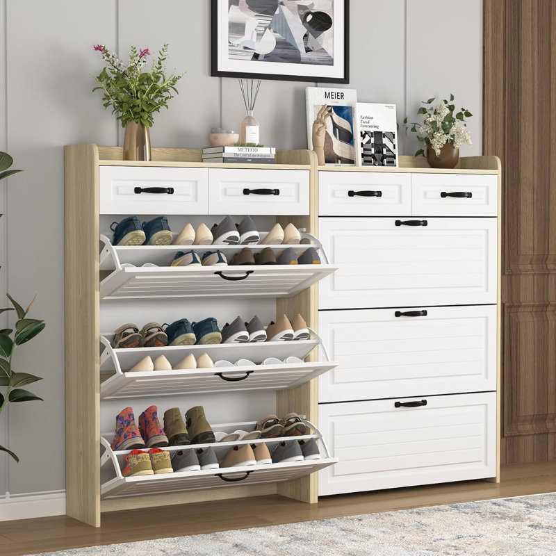 Entryway Hallway Narrow Shoe Cabinet 3 Flip Drawers 2 Top Drawers, Brown/White