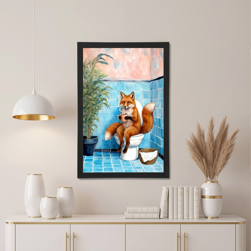 Ensemble de 1 tableau sur toile représentant un renard sur les toilettes, H 18 po x l 12 po