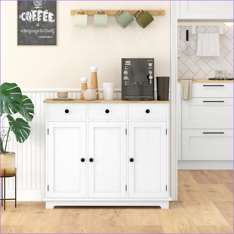 Sideboards | HOMCOM Modern Distressed White Sideboard with Solid Wood Top, 3 Drawers | Solid Rubber Wood Countertop | Engineered Wood Frame