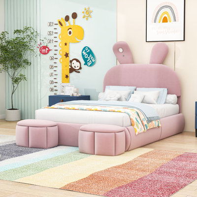 Upholstered Platform Bed With Cartoon Ears Shaped Headboard And Light,Bed Frame