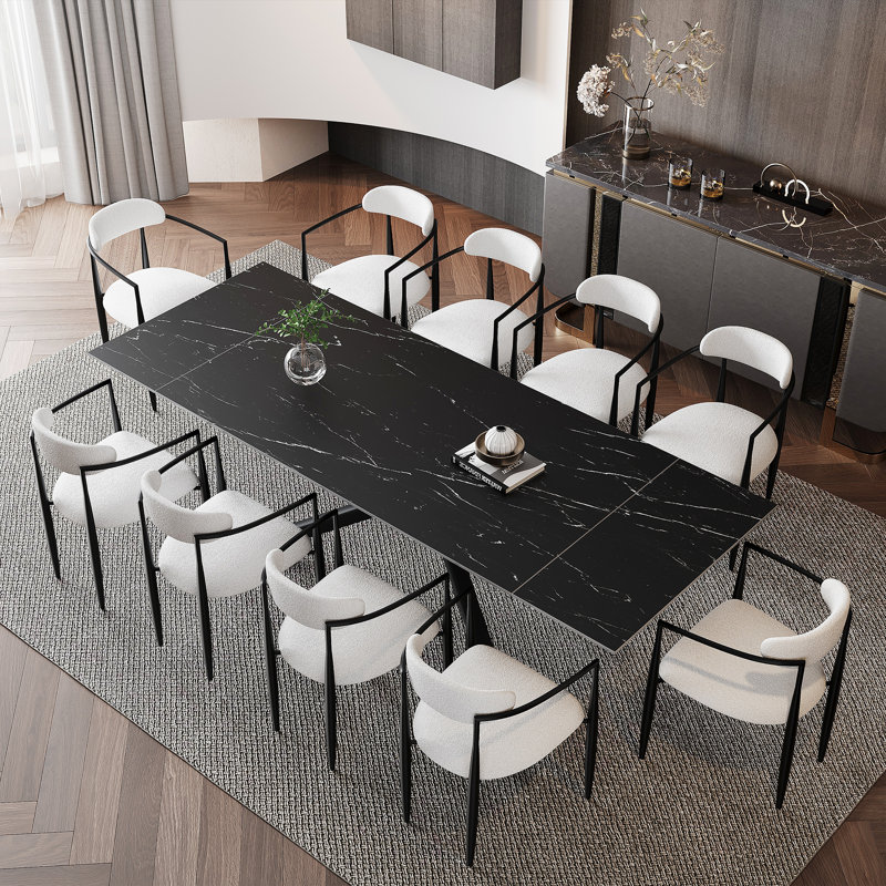 Ensemble de salle à manger rectangulaire avec chaises en tissu 70,8 "à 102,3" Louina, Noir, Blanc / noir, 11