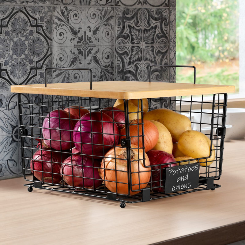 2 Set Stackable Wire Basket With Bamboo Top - Kitchen Counter, Pantry Organizer And Storage - Produce Onion Potato Fruits Vegs Bread Food Snack Spice Organizing Bin For Cabinet Shelf Countertop Floor