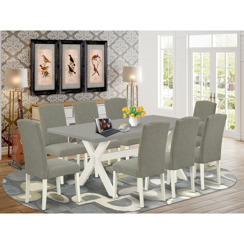 Ensemble de table de cuisine 9 pièces comprenant une table de salle à manger rectangulaire avec pieds en X et 8 chaises de salle à manger Parson en tissu Shitake foncé, lin brossé blanc