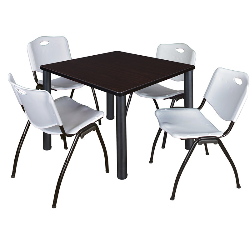 Kee Square Breakroom Table Top, 4 M Stack Chairs, 30" H x 29" W x 29" D, Black, Cherry