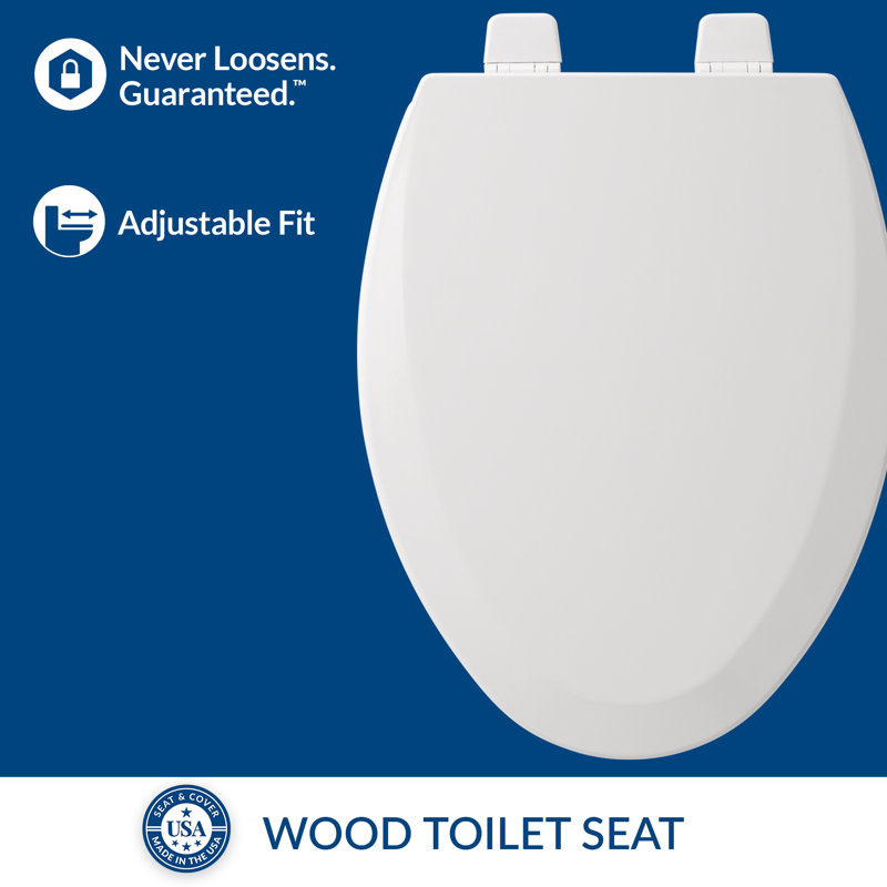 Bemis White Elongated Wood Toilet Seat with Plastic Hinges