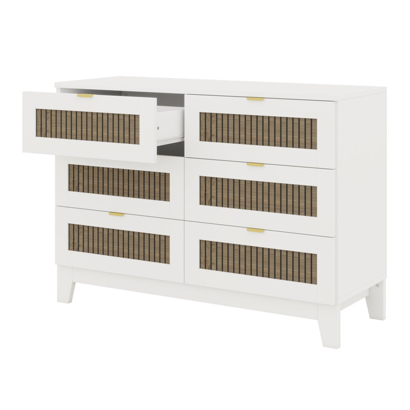 6 Drawer Wooden Dresser Featuring Rustic Farmhouse Design and Metal Handles