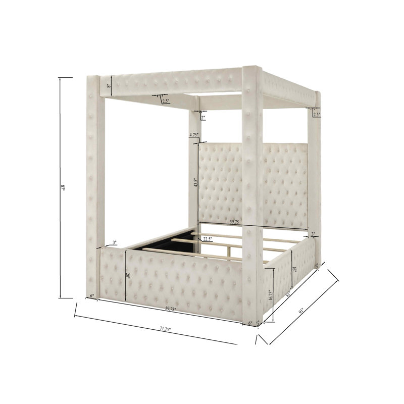 Lit à baldaquin en velours 1pc avec tête de lit à boutons et auvent moderne pour chambre à coucher, Grand lit, Ivoire ivoire