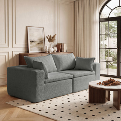 74.8" Boucle Modular Compression Sectional Sofa, 2-Piece Modern Upholstered Loveseat with Pocket Spring and 4 Pillows, No Assembly Roll-Pack 2-seater Sofa Gray