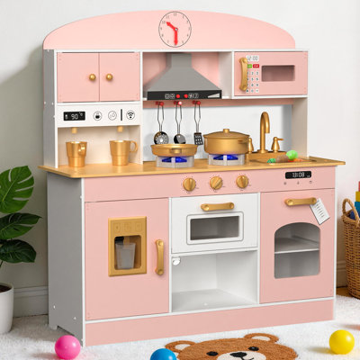 Ensemble de cuisine en bois pour enfants avec lumières et sons, ensemble de cuisine de jeu de 31 pièces, grande cuisine de jouets interactive avec four, micro-ondes et cafetière, certifié ASTM et CPSIA pour les tout-petits
