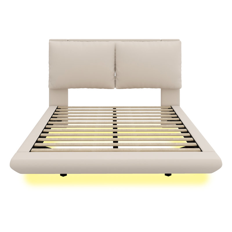 Lit plateforme tapissier Coughran avec capteur de lumière et 2 grands dossiers, Beige, Complète