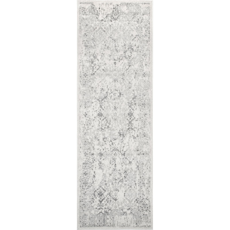 Tapis de couloir à motif de médaillon pour le salon, la chambre à coucher, la salle à manger, le vestibule, le couloir ou la cuisine Almirka, ivoire / gris