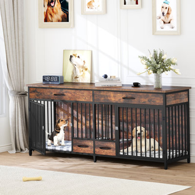 Wood Double Dog Crate Furniture with 2 Feeders, 2Drawers