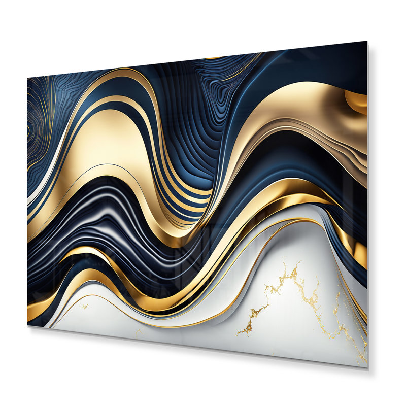 Abstrait géométrique vagues bleues et dorées IV - décoration murale abstraite en métal, H 30 po x l 40 po x P 1 po