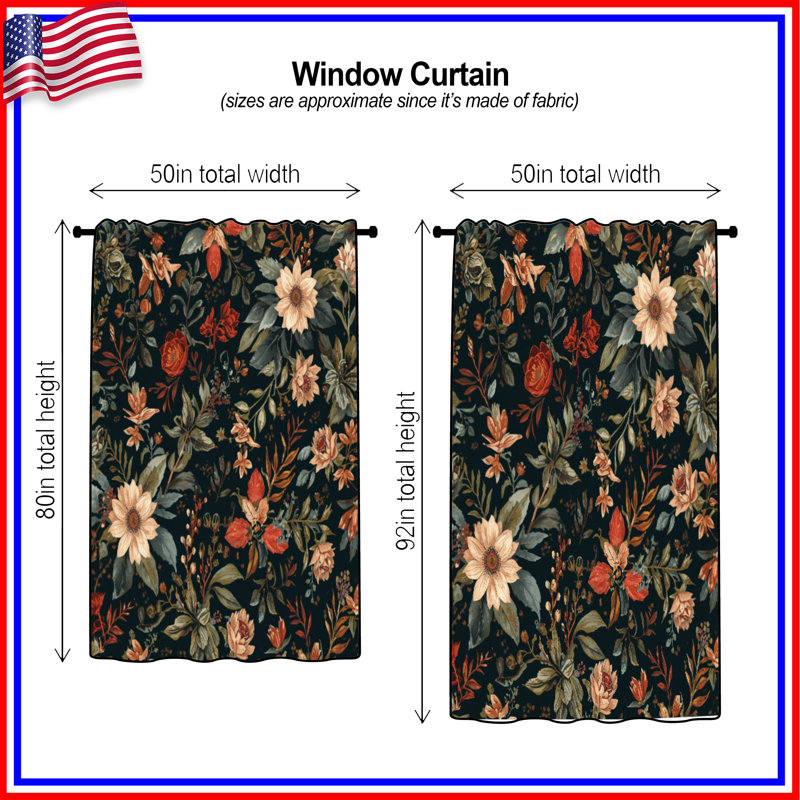 Rideaux de fenêtre à motif floral foncé, voilages et voilages à motif floral - 1 panneau, 50 po x 80 po - 1 panneau, Sheer