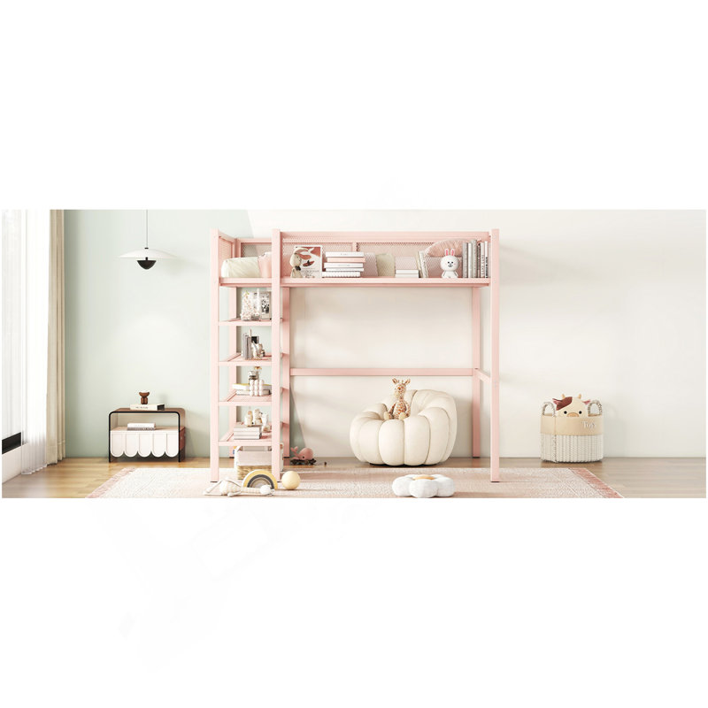 Lit mezzanine double en métal avec tablettes à 4 niveaux et rangement, rose, Rose