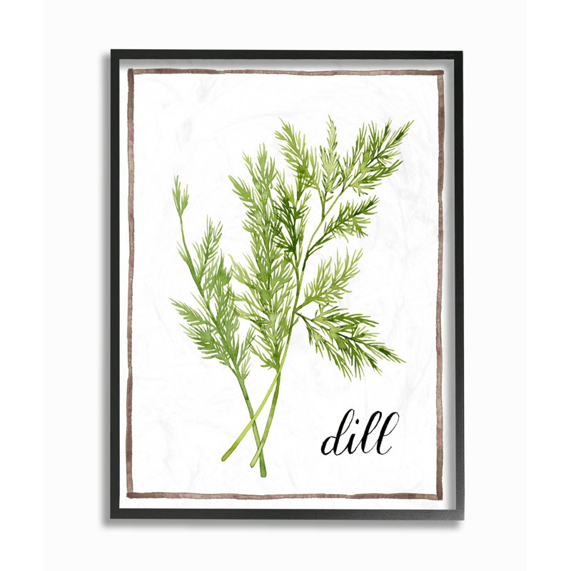 «Herb Illustration Dill with Script», reproduction de peinture à l'aquarelle, Giclée encadrée noir minuit