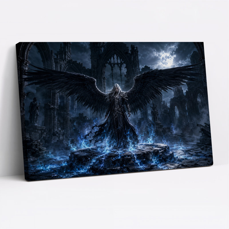 Ange aux ailes sombres dans des ruines gothiques avec toile murale bleue d'Halloween, H 12 po x l 18 po